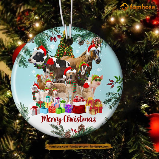 Christmas Farm Ornament, Farm Animals Merry Christmas Gift For Farmers, Circle Ceramic Ornament