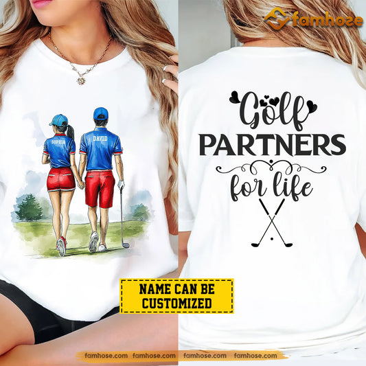 Personalized Couple Golf Two-sided T-shirt, Golf Partners For Life, Couple Valentine's Day Gift For Golf Lovers