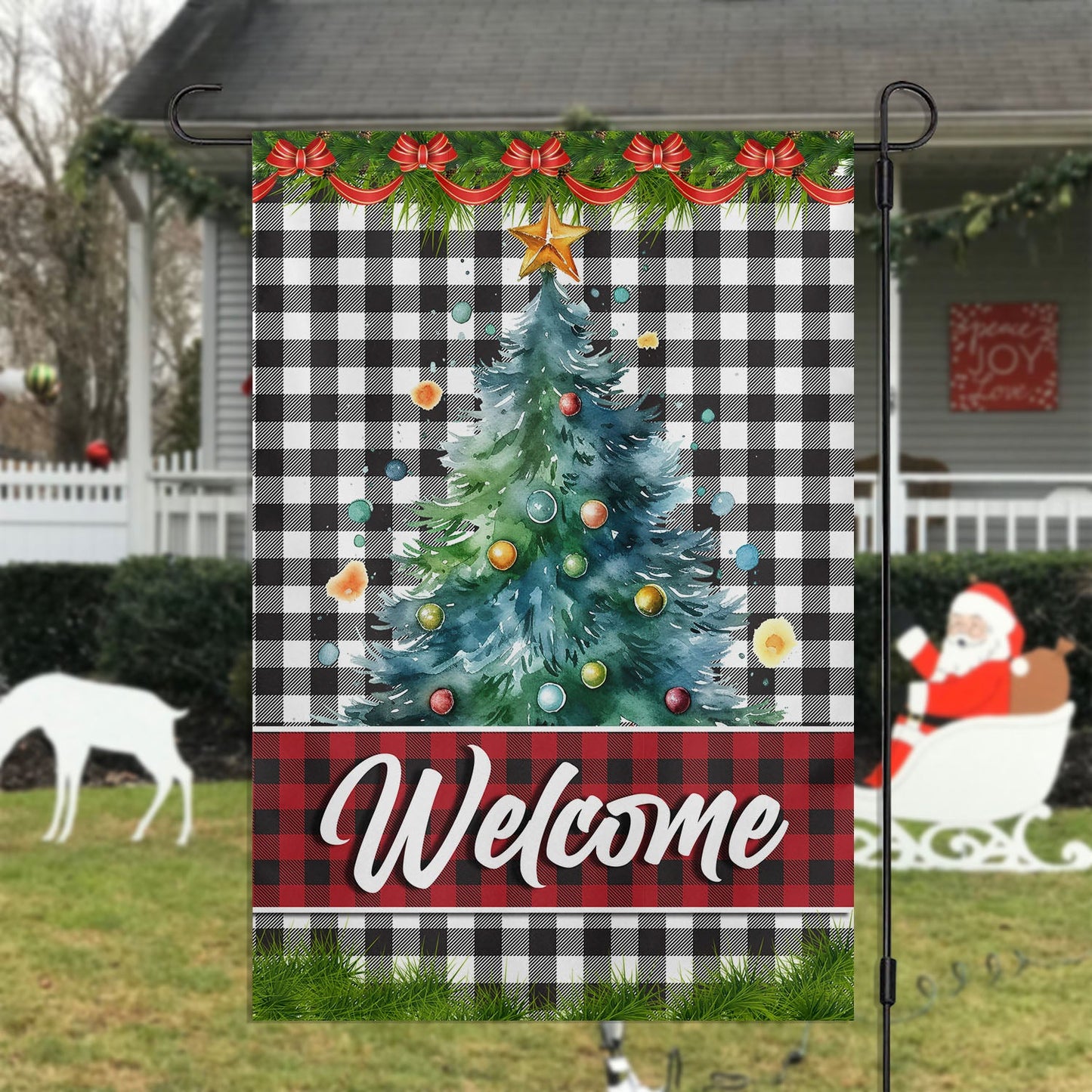 Welcome Plaid Festive Greetings, Christmas Tree Xmas Brighten Garden Flag & House Flag, Christmas Flag Gift Christmas Tree Lovers