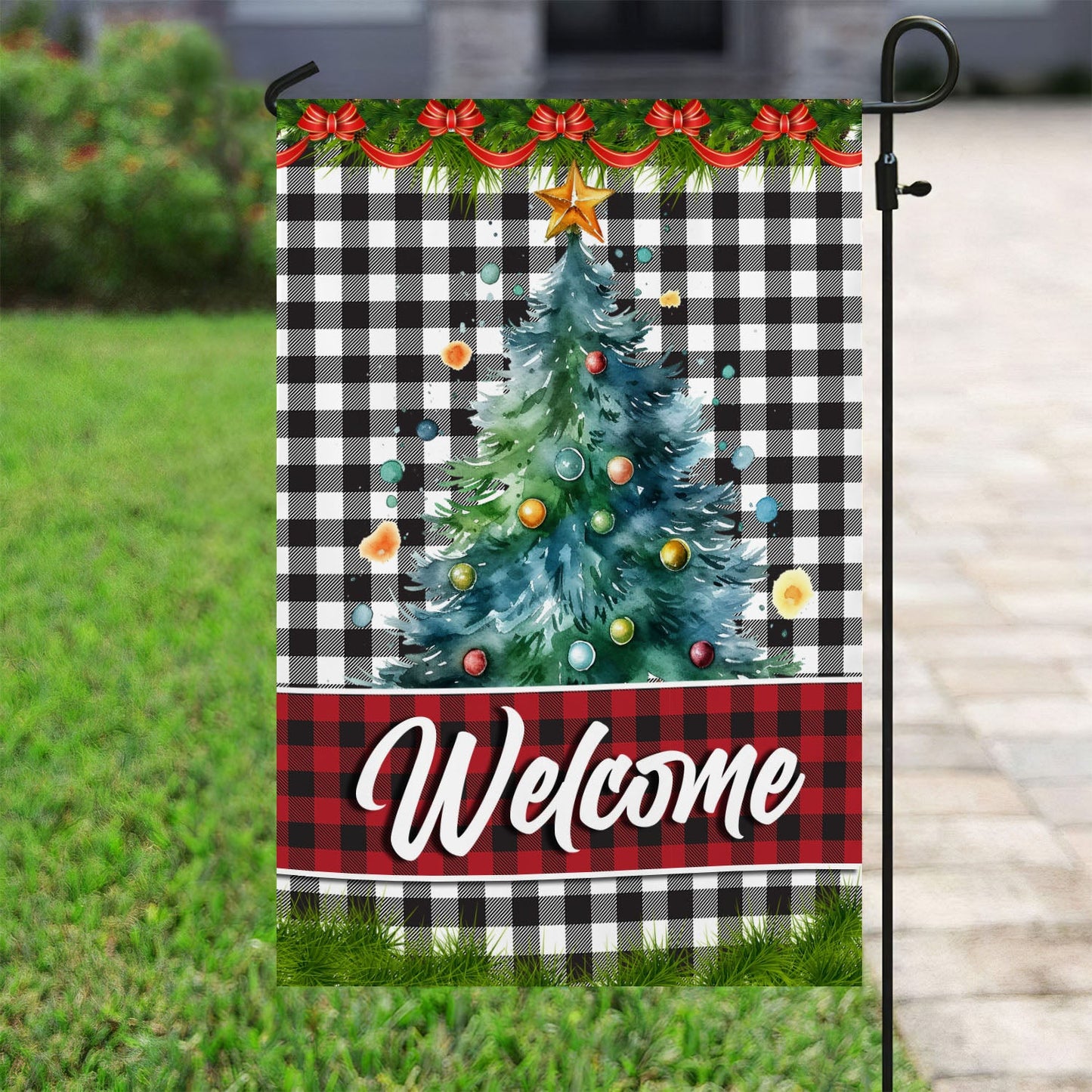 Welcome Plaid Festive Greetings, Christmas Tree Xmas Brighten Garden Flag & House Flag, Christmas Flag Gift Christmas Tree Lovers