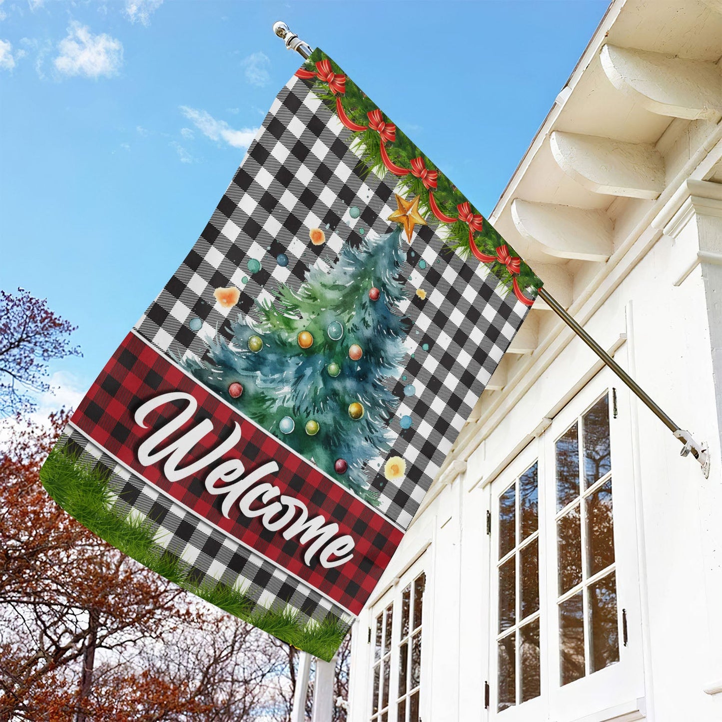 Welcome Plaid Festive Greetings, Christmas Tree Xmas Brighten Garden Flag & House Flag, Christmas Flag Gift Christmas Tree Lovers