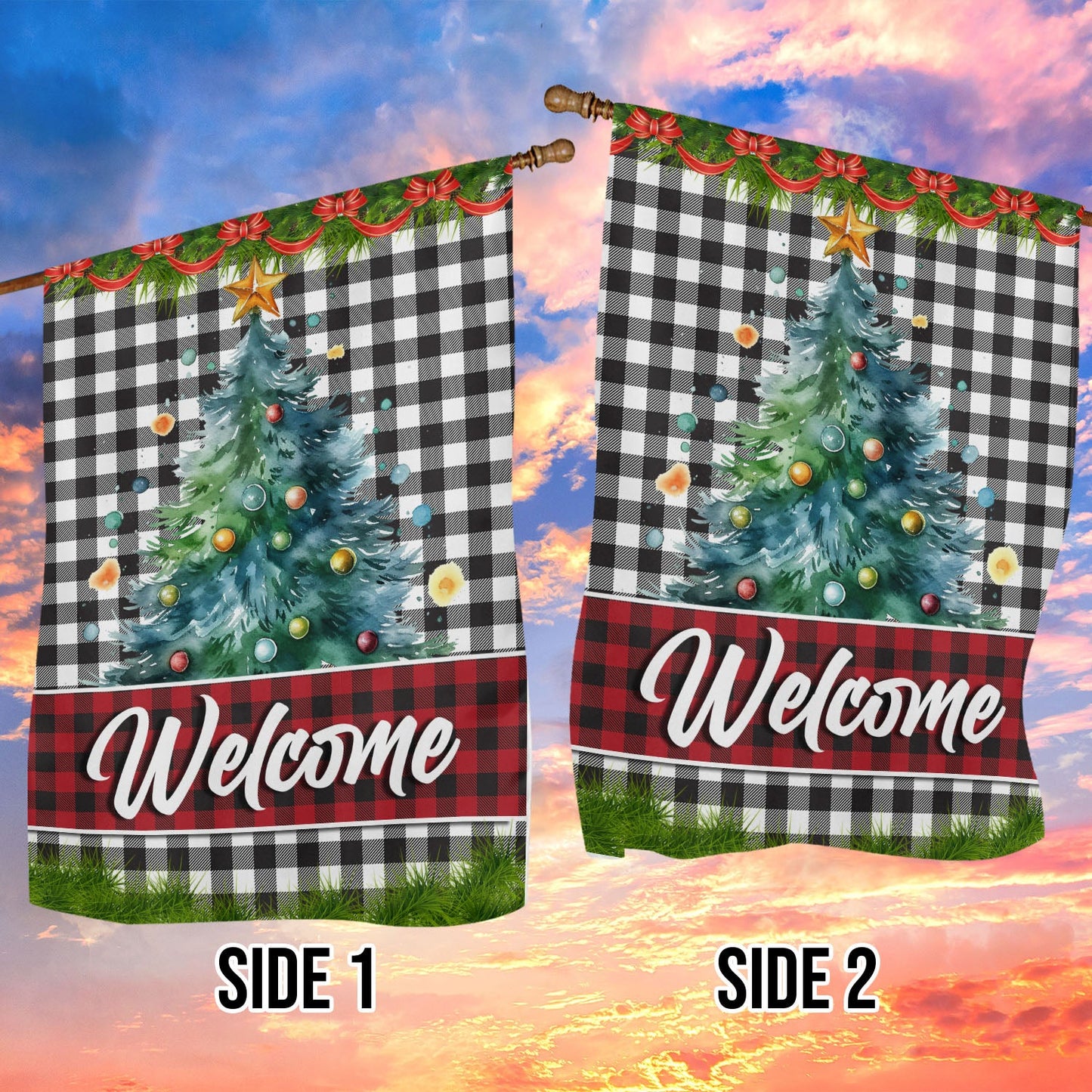 Welcome Plaid Festive Greetings, Christmas Tree Xmas Brighten Garden Flag & House Flag, Christmas Flag Gift Christmas Tree Lovers