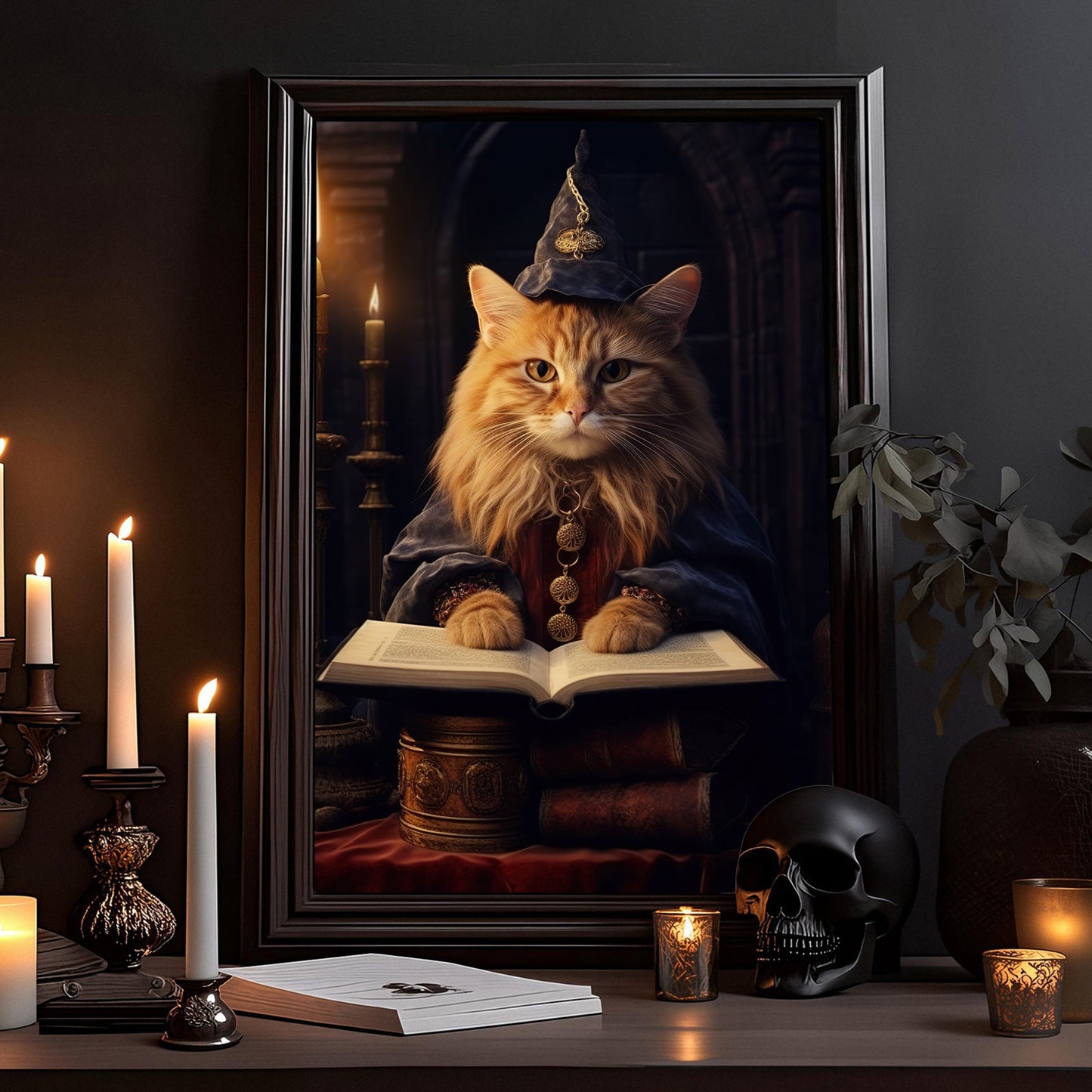 Vintage Magical Cat Witch Spooky Halloween Canvas Painting, Wall Art Decor - Cat Halloween Poster Gift