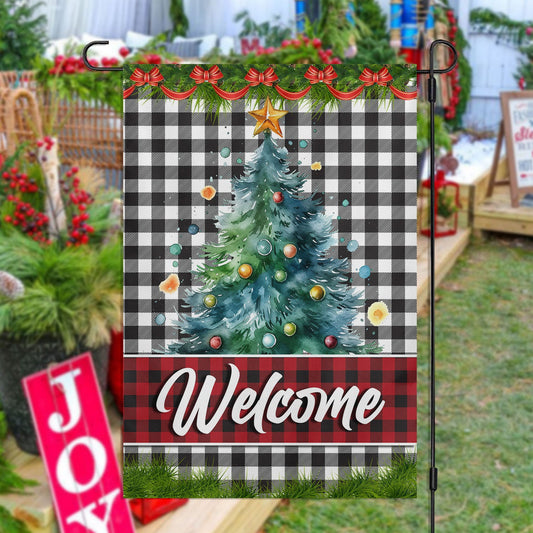 Welcome Plaid Festive Greetings, Christmas Tree Xmas Brighten Garden Flag & House Flag, Christmas Flag Gift Christmas Tree Lovers