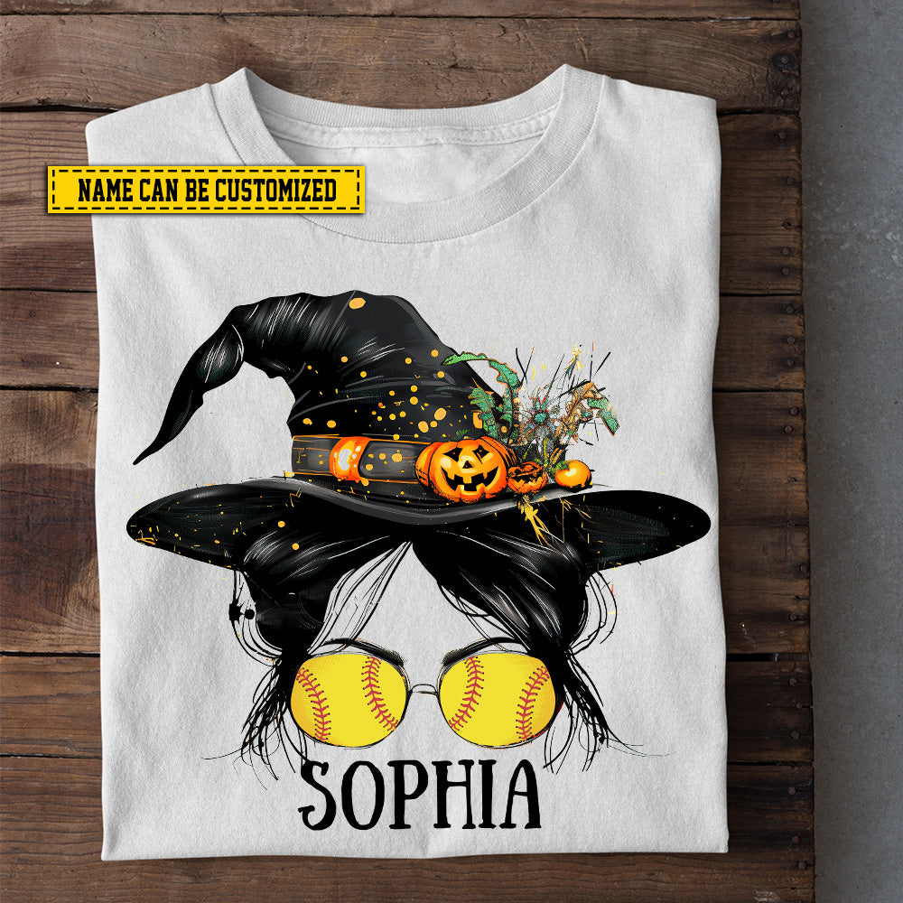 Personalized Halloween Softball Witch T-shirt, Spooky Season Gift For Softball Lovers, Softball Girls