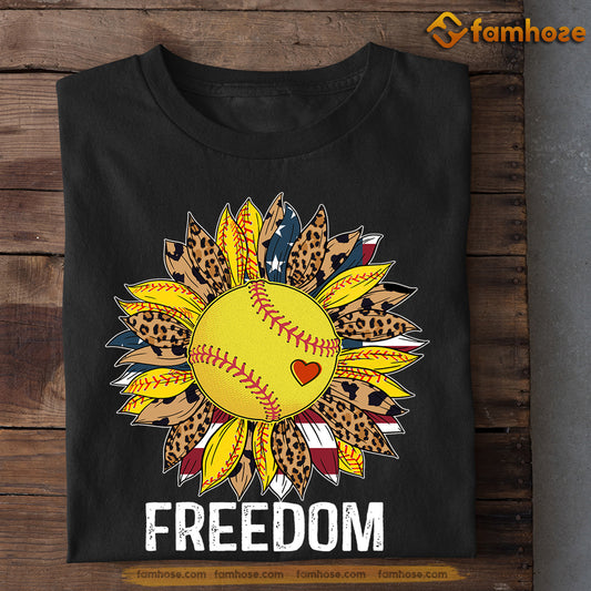 July 4th Softball T-shirt, Freedom With Sunflower, Independence Day Gift For Softball Lovers, Softball Tees
