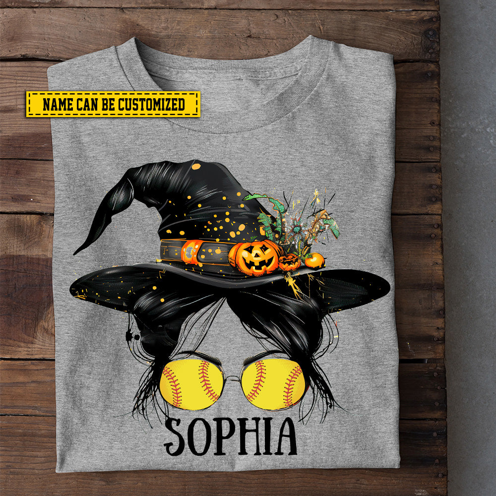 Personalized Halloween Softball Witch T-shirt, Spooky Season Gift For Softball Lovers, Softball Girls