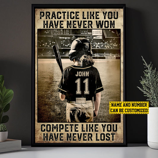 Personalized Motivational Softball Girl Canvas Painting, Practice Like You Have Never Won, Softball Woman Inspirational Quotes Wall Art Decor, Poster Gift For Softball Lovers