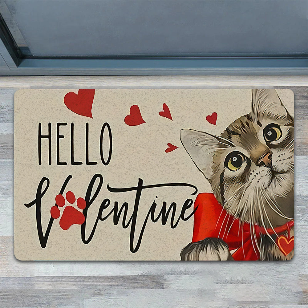 Valentine's Day Cat Doormat, Hello Valentine, Housewarming Cat Decor Gift, Gift For Cat Lovers, Cat Owners