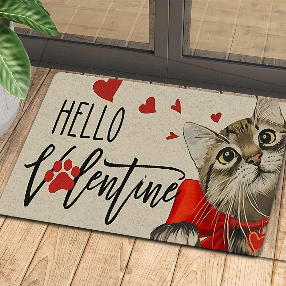 Valentine's Day Cat Doormat, Hello Valentine, Housewarming Cat Decor Gift, Gift For Cat Lovers, Cat Owners