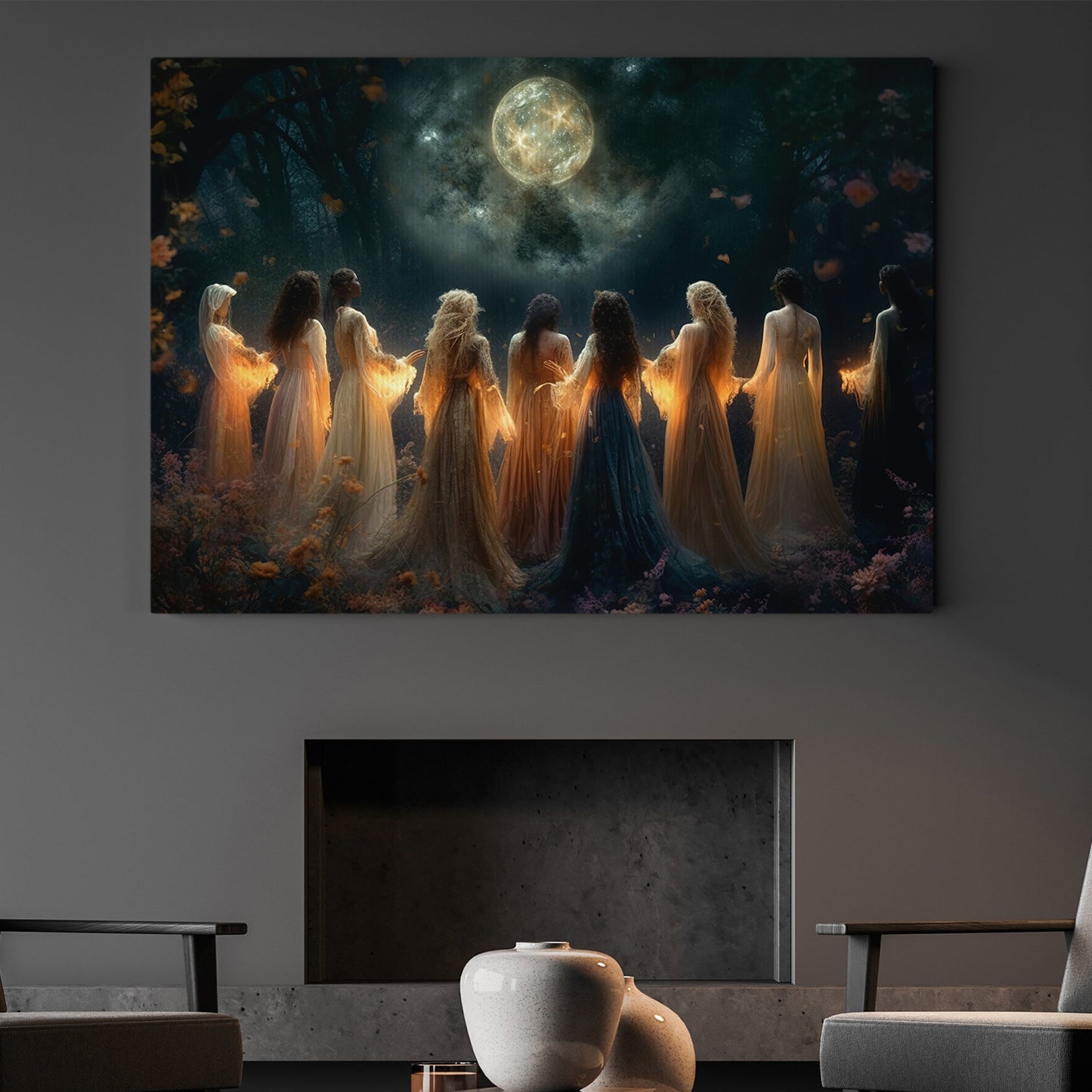 Moon Calling Magic Witchy Ritual Mythical Canvas Painting, Witches Wall Art Decor, Mystic Invocation Witch Poster Print Art