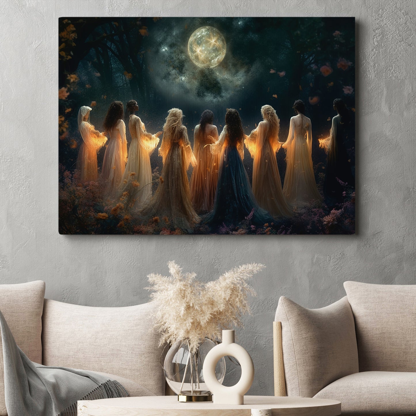 Moon Calling Magic Witchy Ritual Mythical Canvas Painting, Enchanted Moonlit Gathering Wall Art Decor, Mystic Invocation Witch Poster Print Art