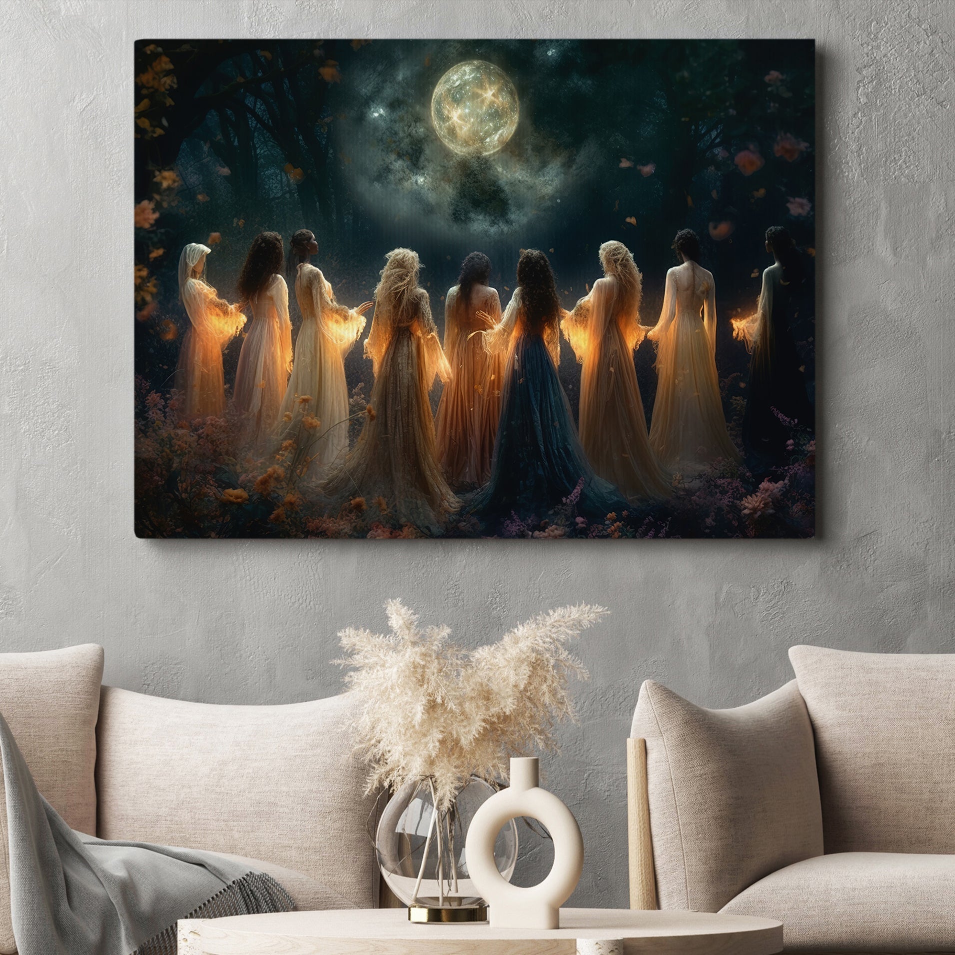 Moon Calling Magic Witchy Ritual Mythical Canvas Painting, Witches Wal ...