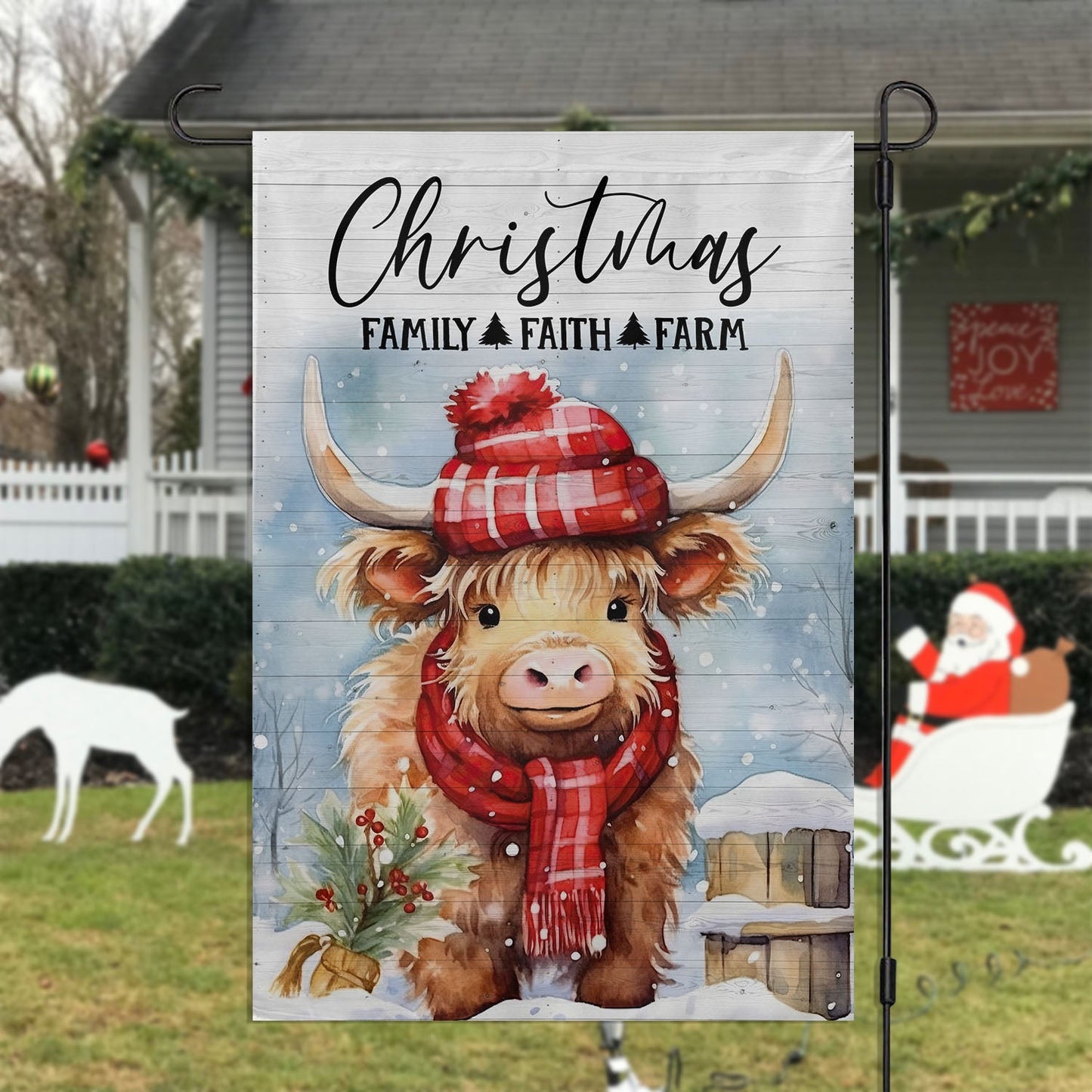 Christmas Family Faith Farm Highland Cow, Highland Cow Xmas Brighten Garden Flag & House Flag, Christmas Flag Gift Highland Cow Lovers