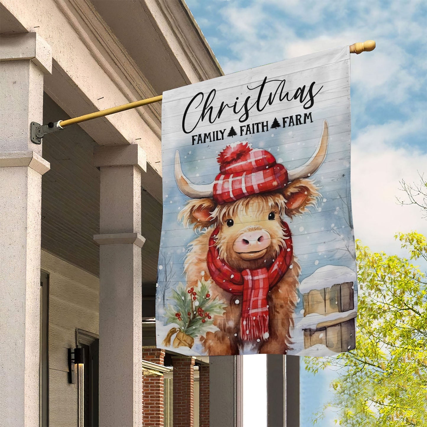 Christmas Family Faith Farm Highland Cow, Highland Cow Xmas Brighten Garden Flag & House Flag, Christmas Flag Gift Highland Cow Lovers