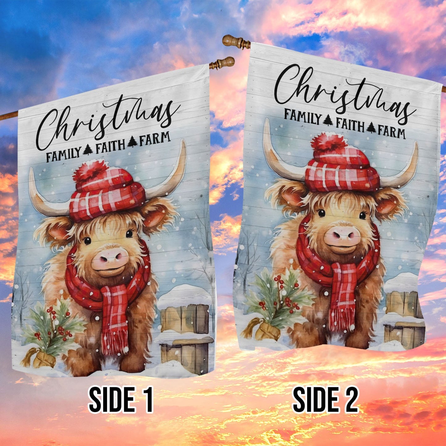 Christmas Family Faith Farm Highland Cow, Highland Cow Xmas Brighten Garden Flag & House Flag, Christmas Flag Gift Highland Cow Lovers