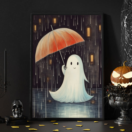 Baby Ghost In Rain Halloween Canvas Painting, Wall Art Decor - Dark Vintage Ghost Halloween Poster Gift