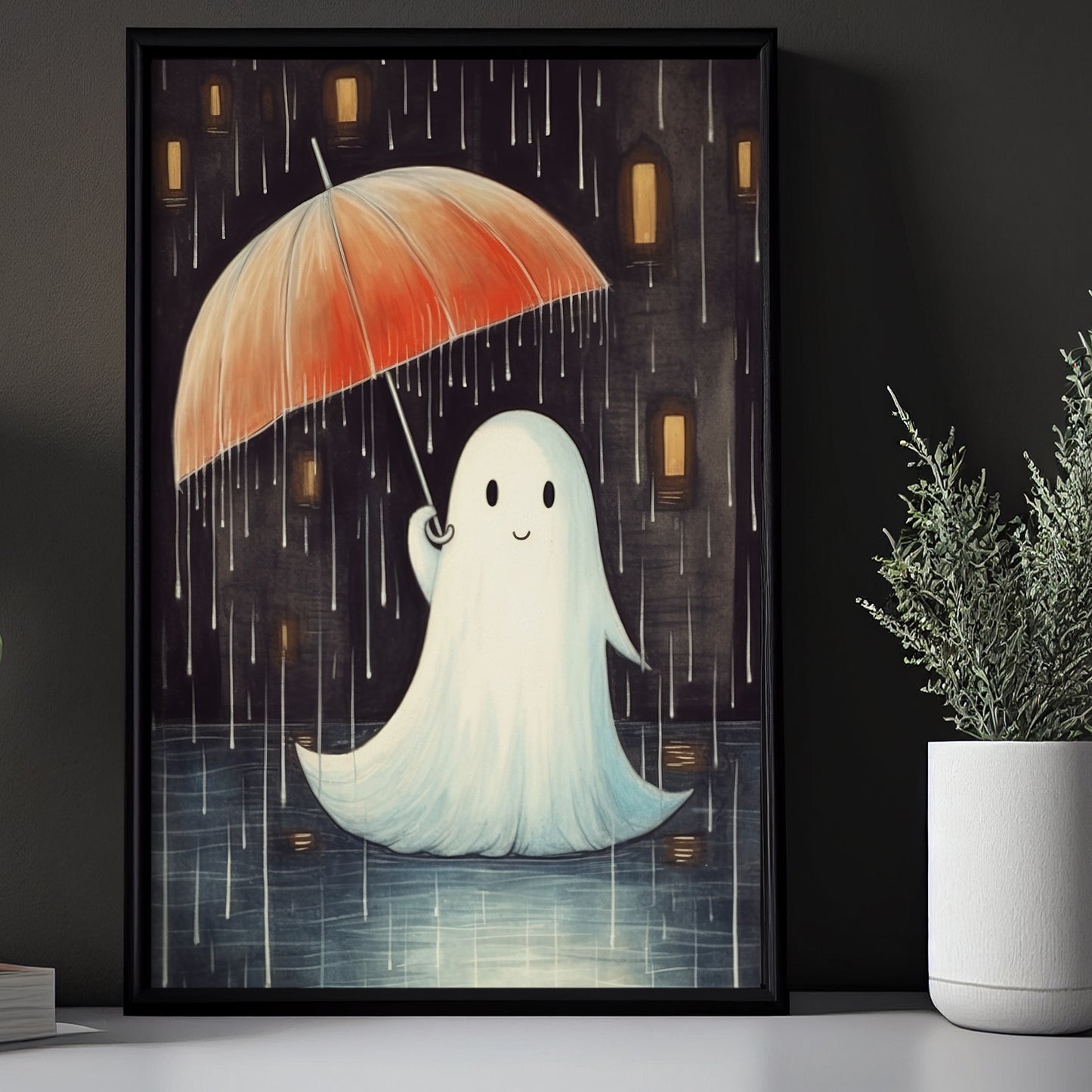 Cute Ghost Kid In Rain Dark Halloween Canvas Painting, Wall Art Decor -  Vintage Ghost Poster Halloween Gift