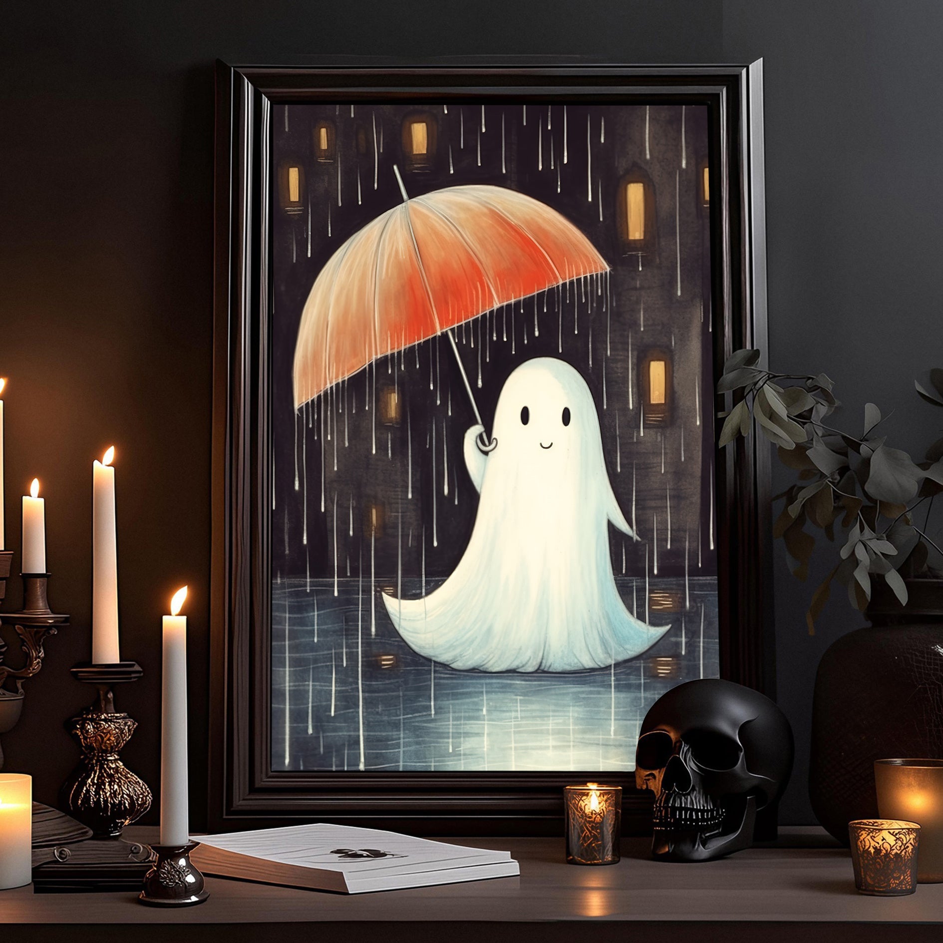 Baby Ghost In Rain Halloween Canvas Painting, Wall Art Decor