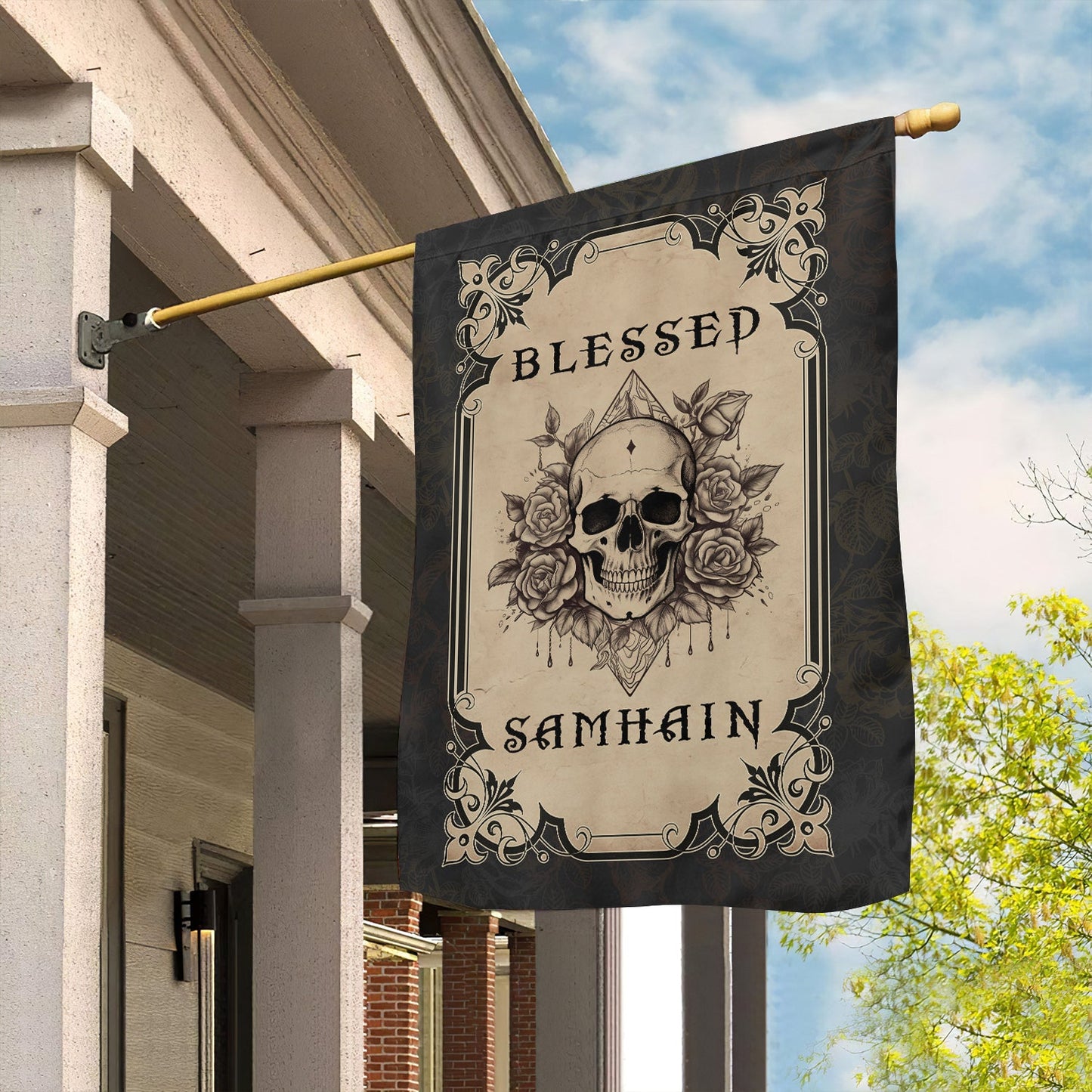 Halloween Flag, Blessed Skull Samhain, Flag Gift For Halloween Decor, Gift For Garden Flag