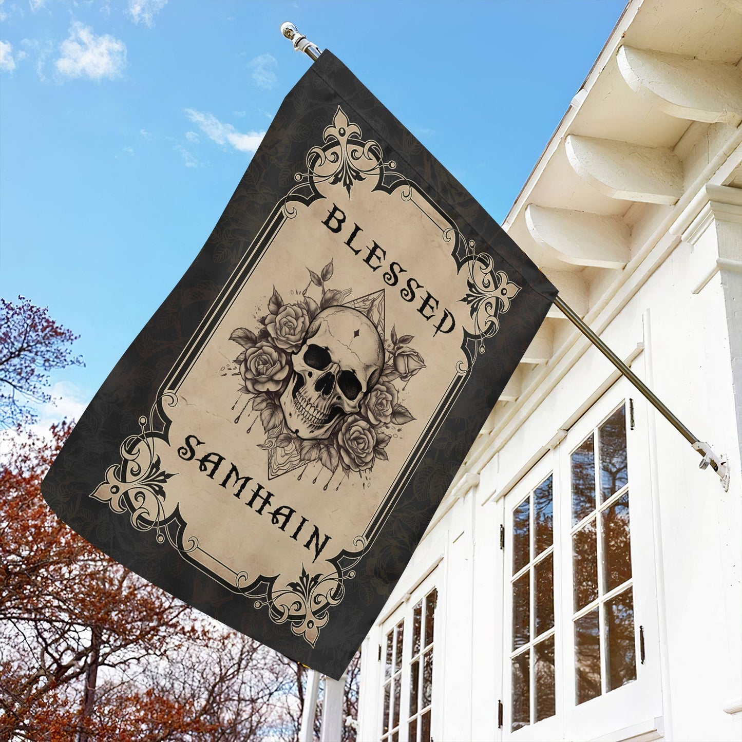 Halloween Flag, Blessed Skull Samhain, Flag Gift For Halloween Decor, Gift For Garden Flag