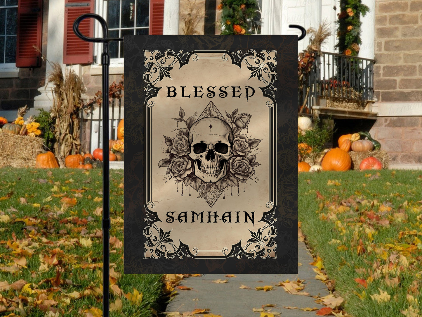 Halloween Flag, Blessed Skull Samhain, Flag Gift For Halloween Decor, Gift For Garden Flag