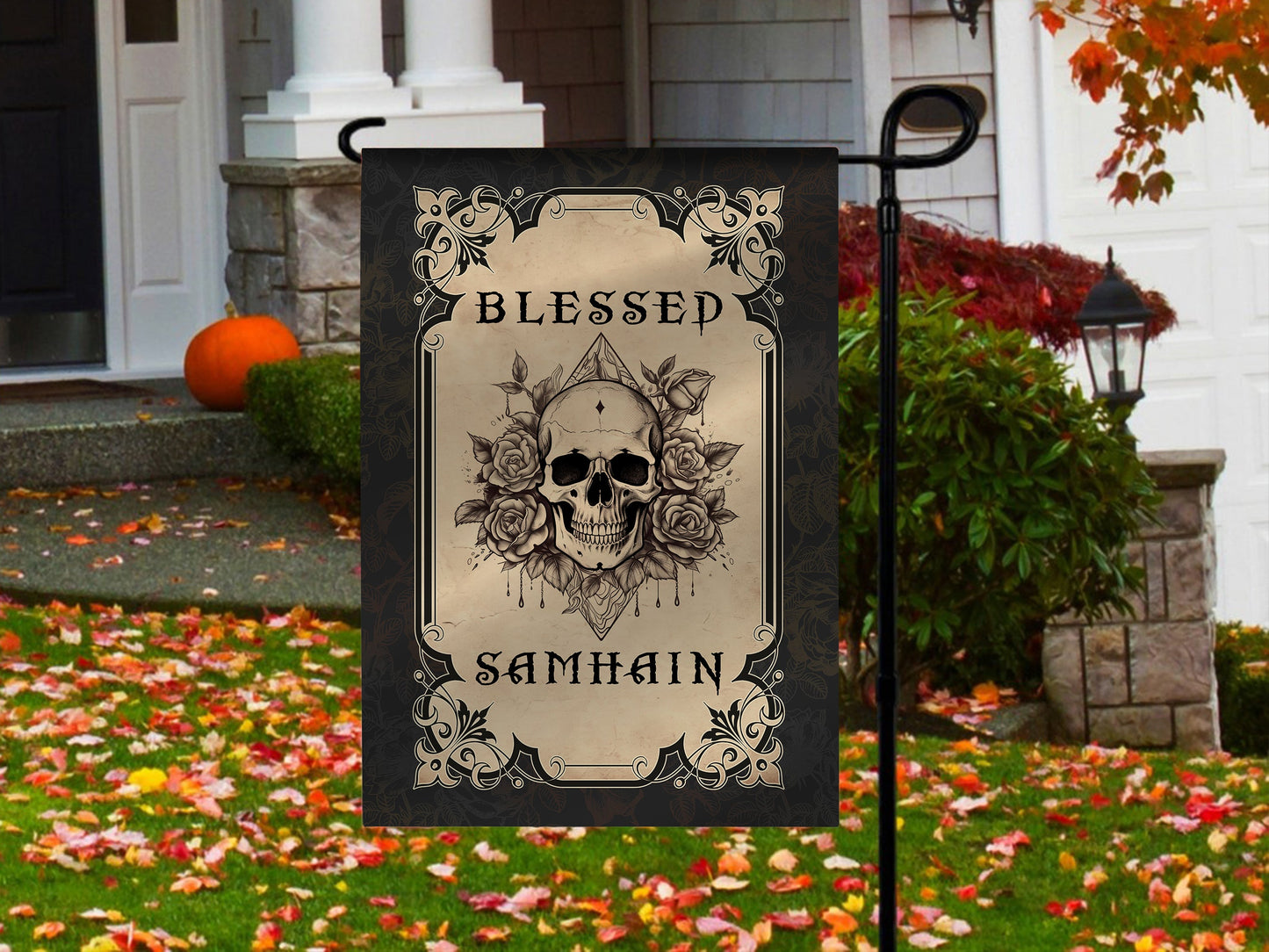 Halloween Flag, Blessed Skull Samhain, Flag Gift For Halloween Decor, Gift For Garden Flag