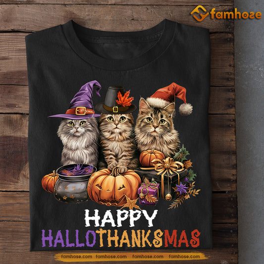 Halloween Cat T-shirt, Hallothanksmas, Spooky Season Gift For Cat Lovers, Cat Owners Tee