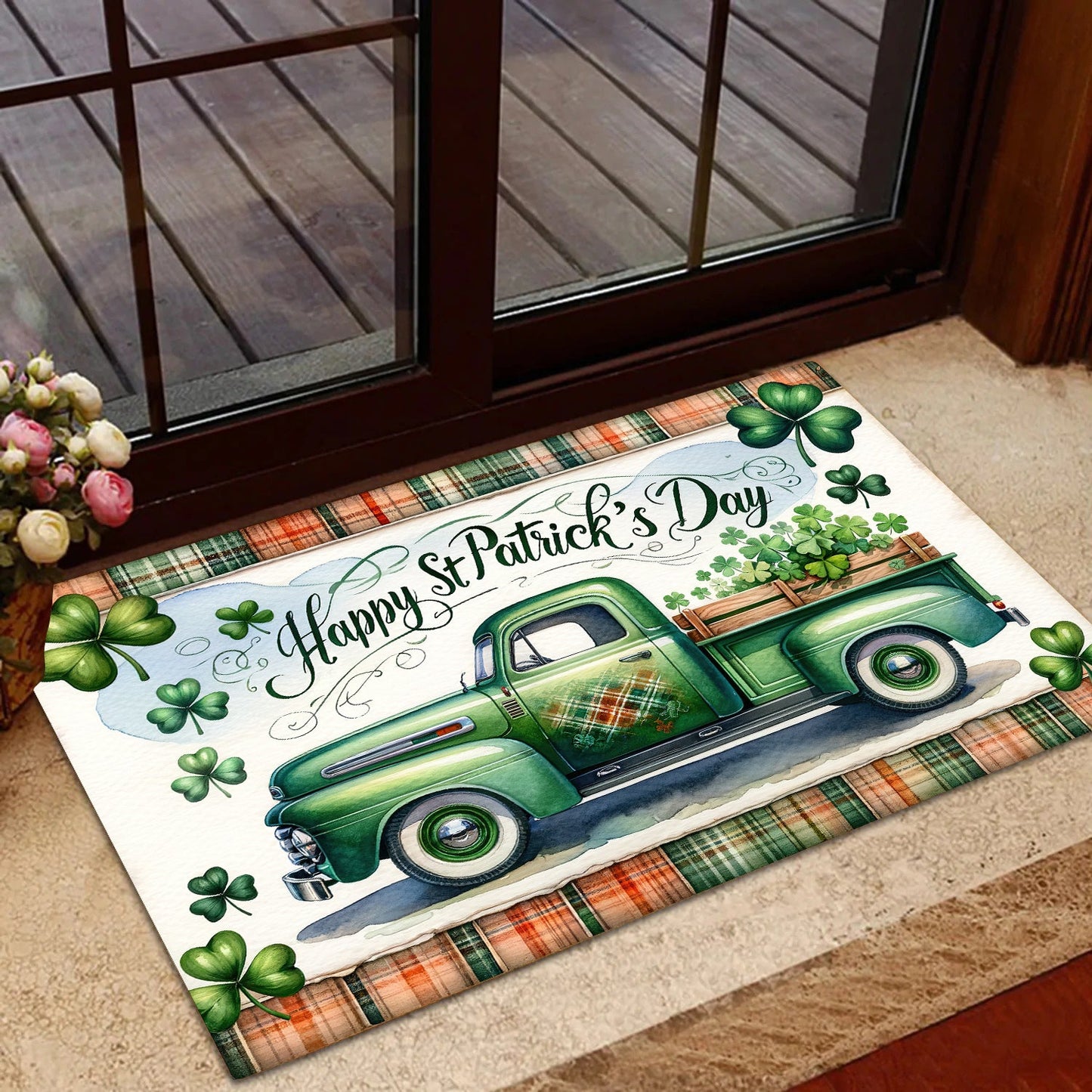 St Patrick's Day Doormat, Tractor Full Of Clovers, Doormat For Home Decor Housewarming Gift, Patricks Day Welcome Mat Gift