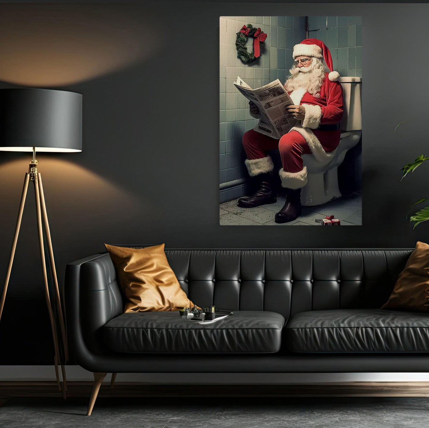 Funny Santa Claus On Toilet Bathroom, Santa Claus Canvas Painting, Xmas Wall Art Decor - Christmas Poster Gift