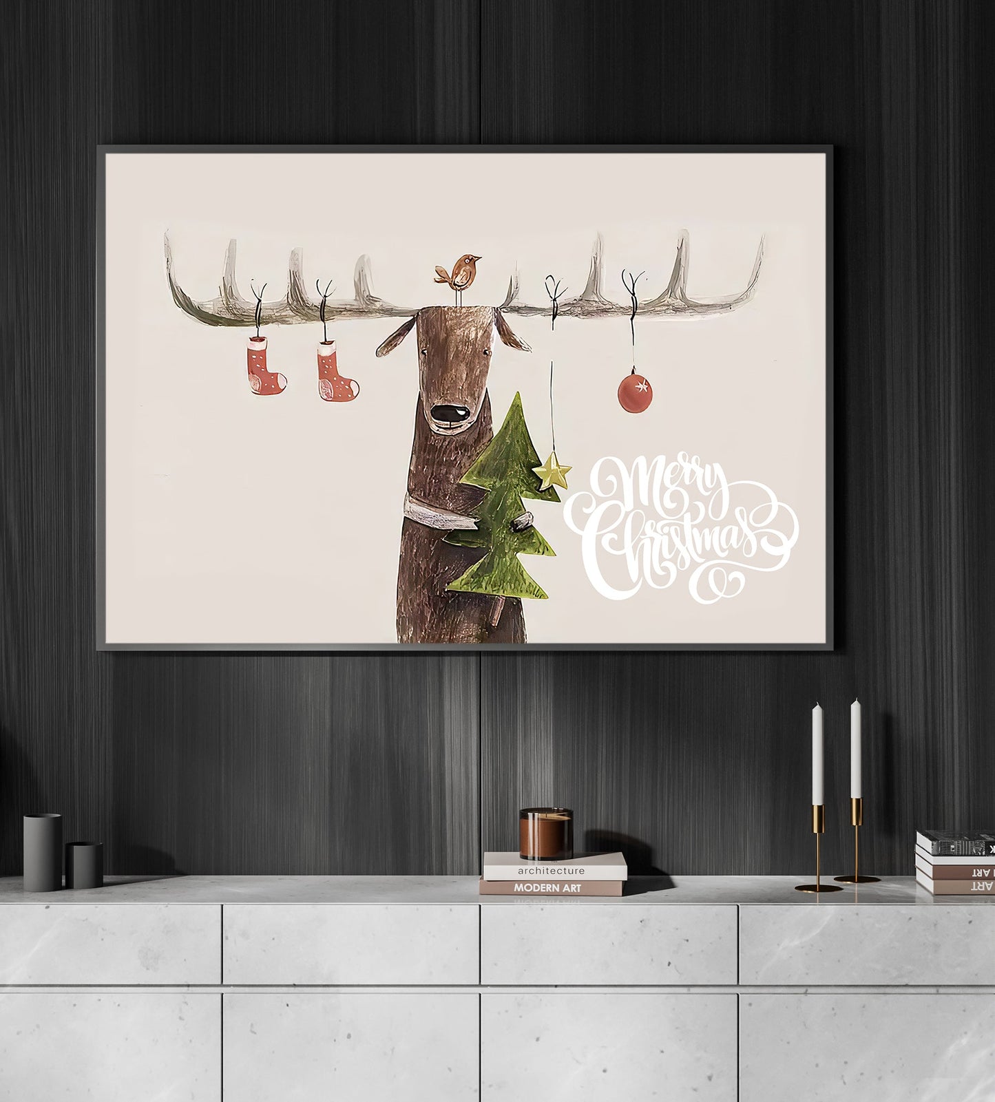 Merry Christmas Reindeer Tree, Reindeer Canvas Painting, Xmas Wall Art Decor - Christmas Poster Gift For Reindeer Lovers