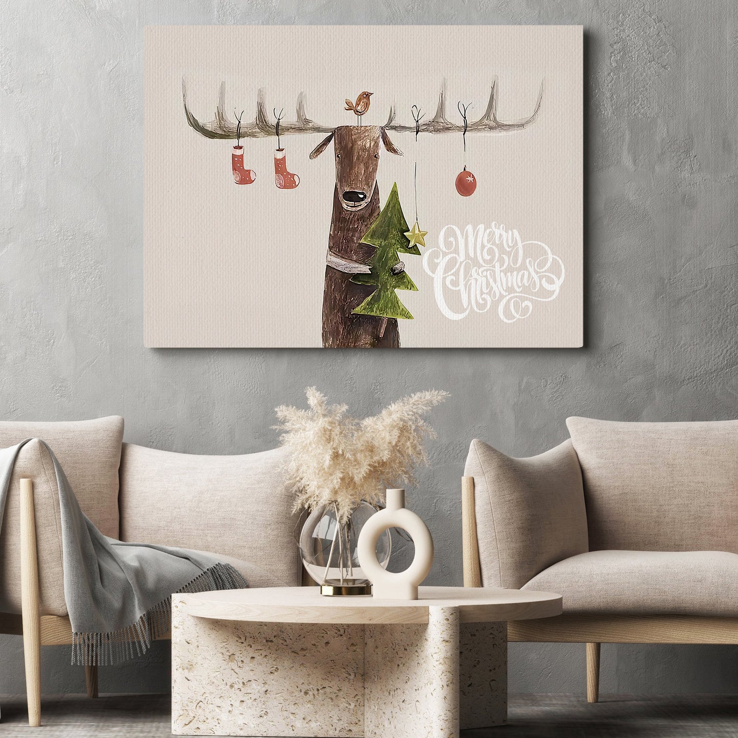 Merry Christmas Reindeer Tree, Reindeer Canvas Painting, Xmas Wall Art Decor - Christmas Poster Gift For Reindeer Lovers