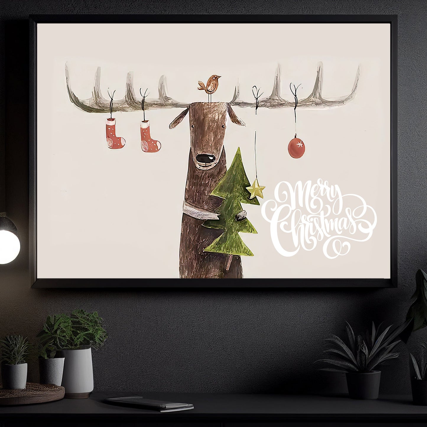 Merry Christmas Reindeer Tree, Reindeer Canvas Painting, Xmas Wall Art Decor - Christmas Poster Gift For Reindeer Lovers