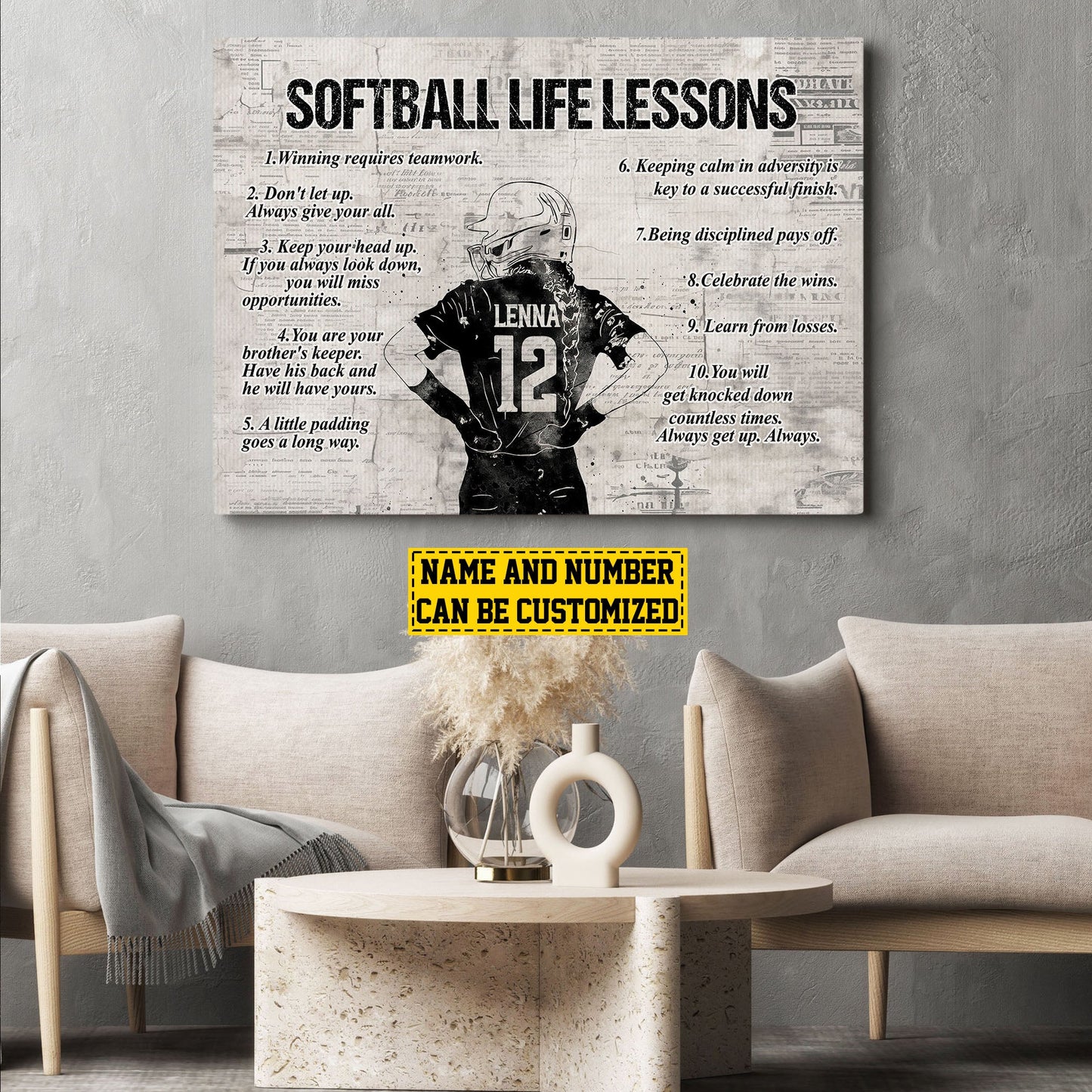 Softball Life Lessons, Personalized Motivational Softball Canvas Painting, Inspirational Quotes Wall Art Decor, Poster Gift For Softball Lovers