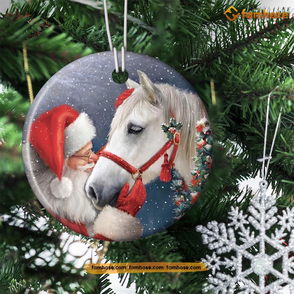 Christmas Horse Ornament, Santa Claus Kiss Horse Gift For Horse Lovers, Circle Ceramic Ornament