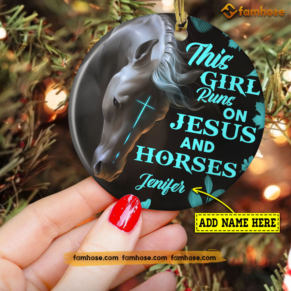 Christmas Horse Ornament, This Girl Runs On Jesus And Horses Gift For Horse Lovers, Personalized Custom Circle Ceramic Ornament