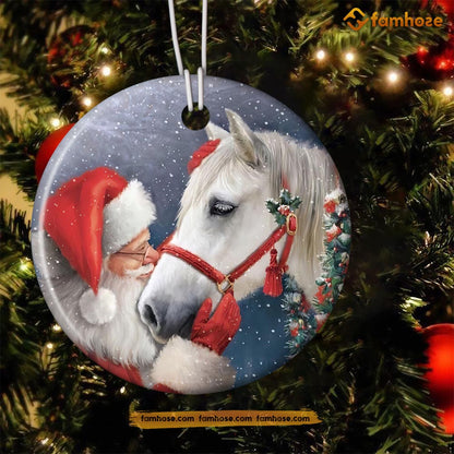 Christmas Horse Ornament, Santa Claus Kiss Horse Gift For Horse Lovers, Circle Ceramic Ornament