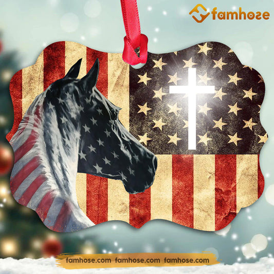 Christmas Horse Ornament, Horse With Jesus USA Flag Gift For Horse Lovers, Medallion Aluminum Ornament