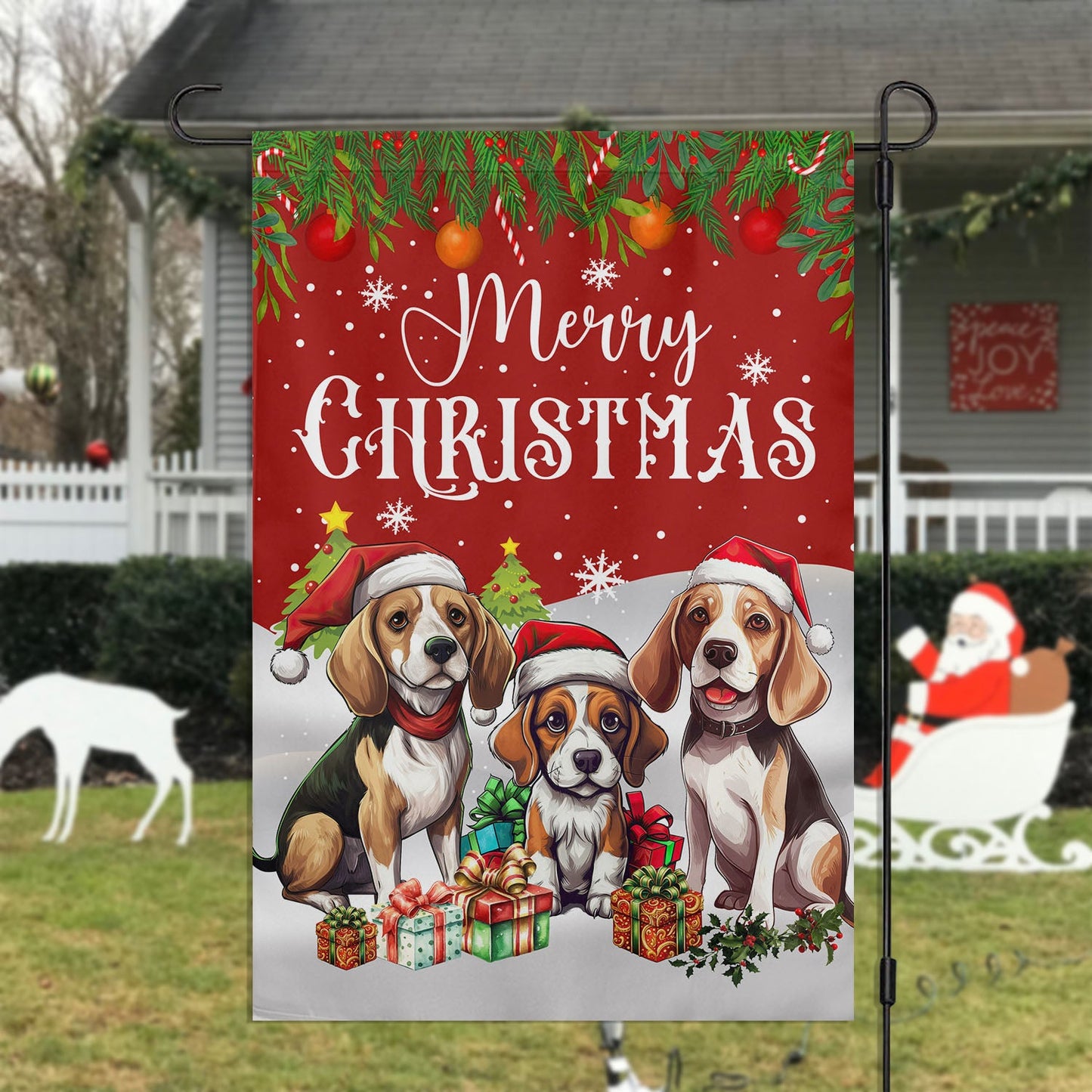 Merry Christmas Beagle Dog Flag, Beagle Xmas Garden Flag & House Flag, Christmas Flag Gift For Dog Lovers