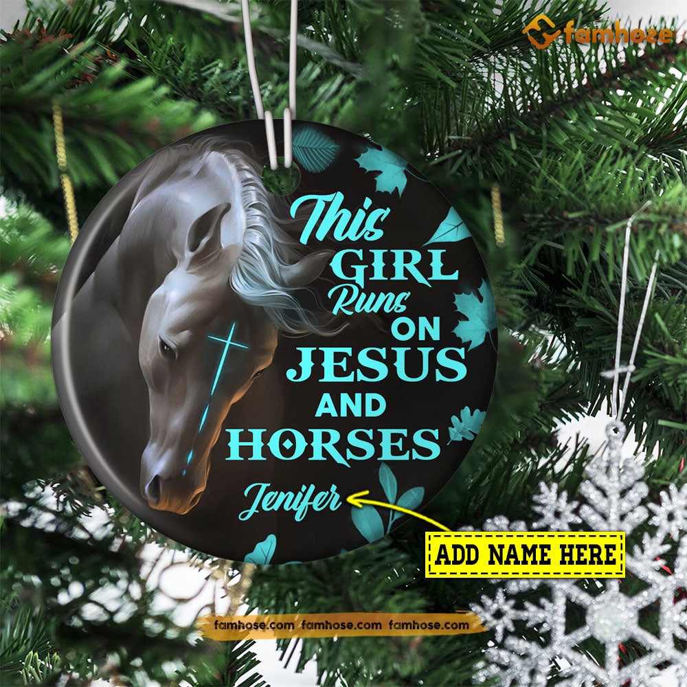 Christmas Horse Ornament, This Girl Runs On Jesus And Horses Gift For Horse Lovers, Personalized Custom Circle Ceramic Ornament