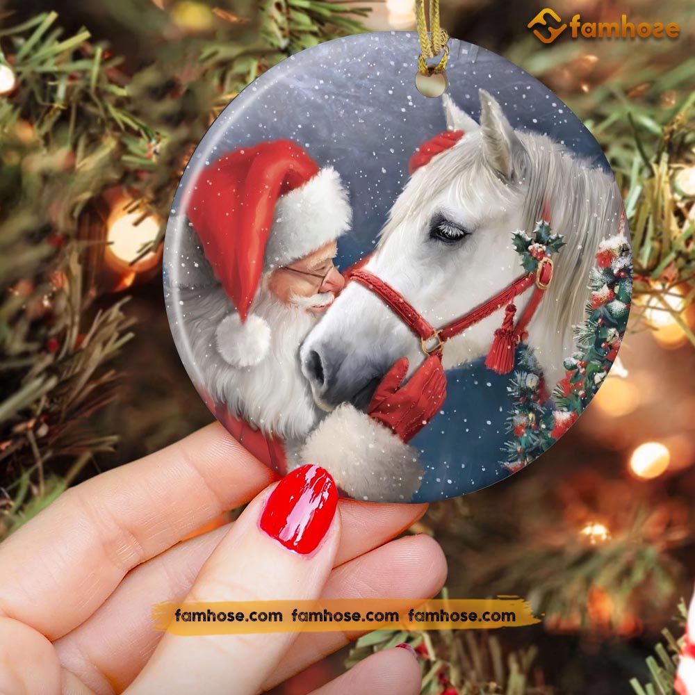 Christmas Horse Ornament, Santa Claus Kiss Horse Gift For Horse Lovers, Circle Ceramic Ornament