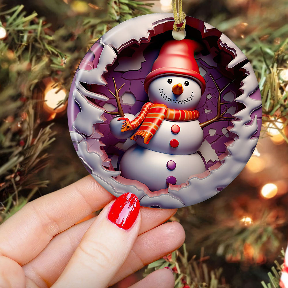 Snowman's Grand Entrance, Snowman Circle Ceramic Ornament Christmas Gift