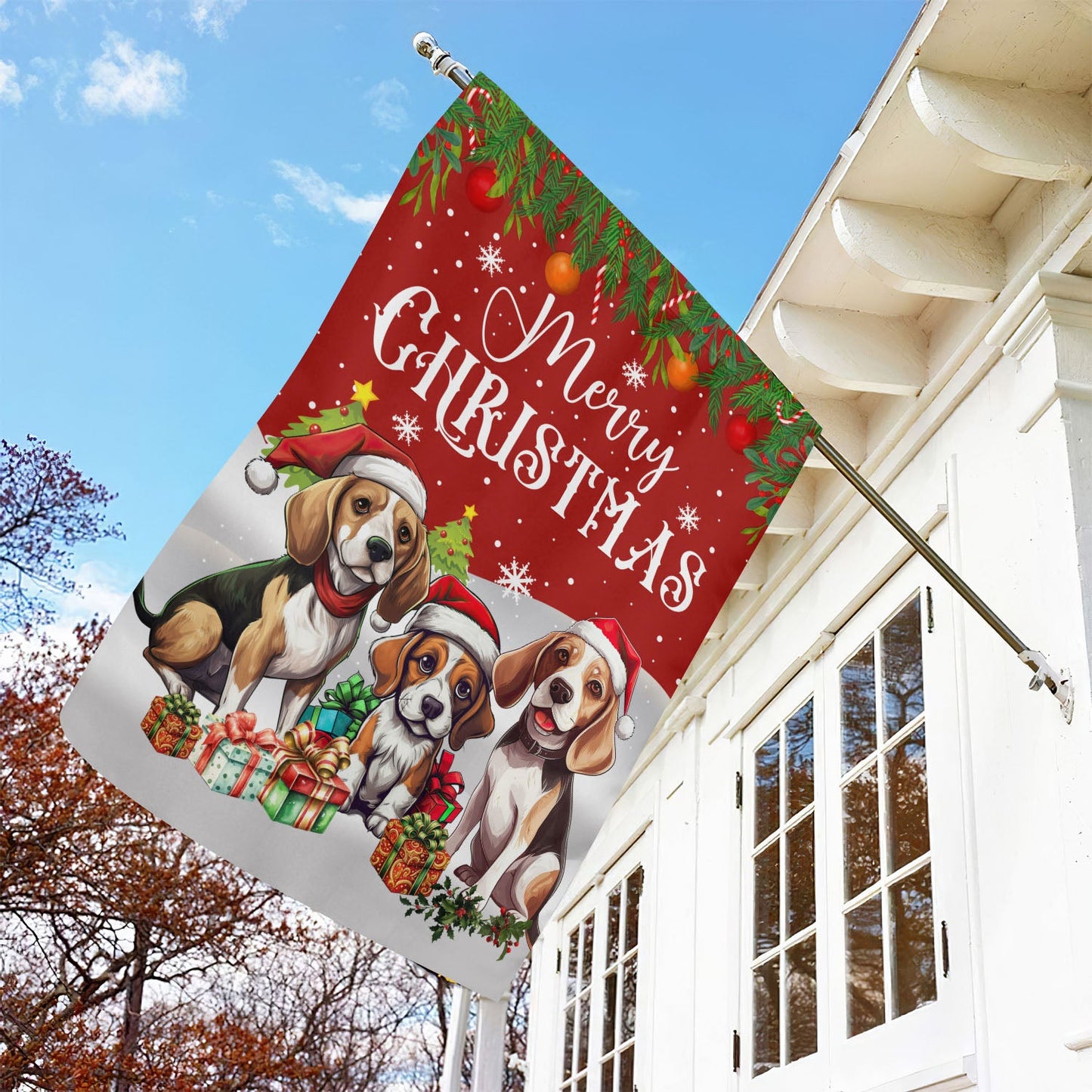 Merry Christmas Beagle Dog Flag, Beagle Xmas Garden Flag & House Flag, Christmas Flag Gift For Dog Lovers