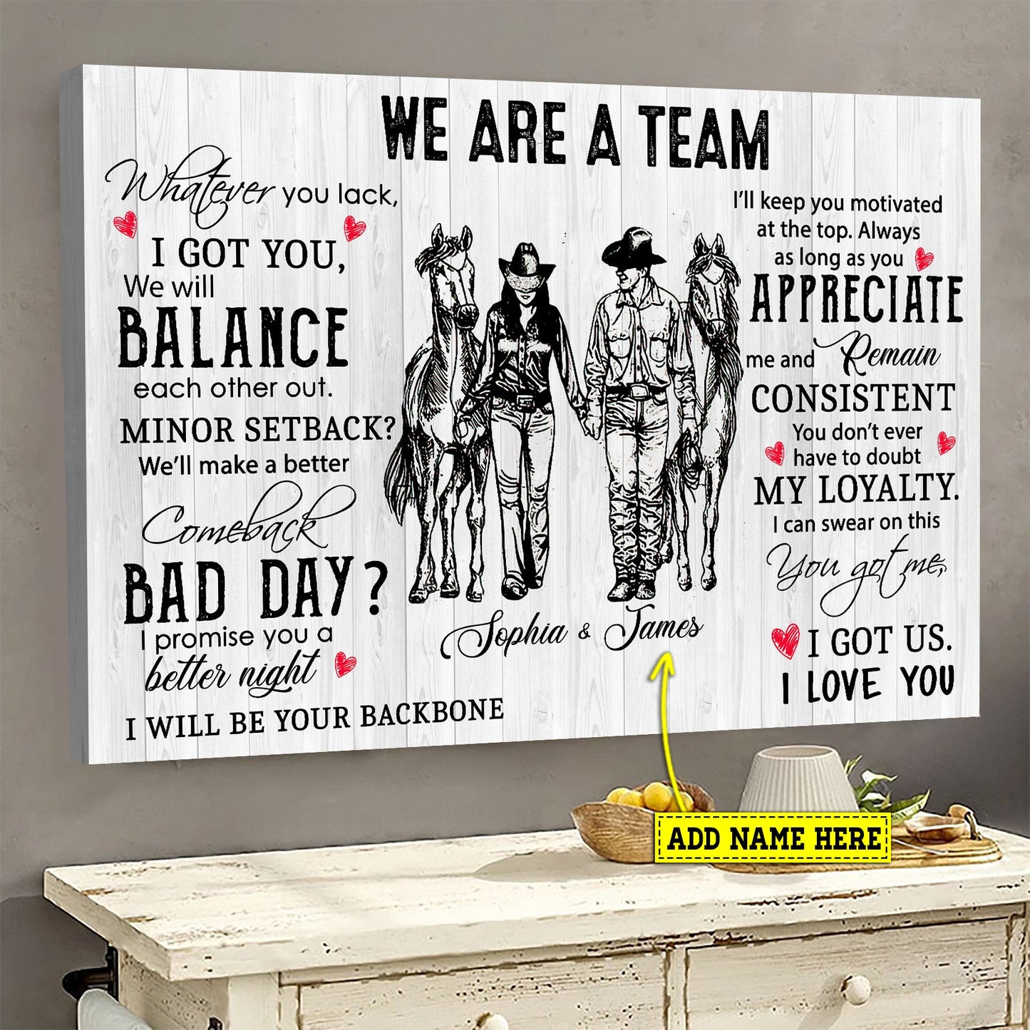 Personalized Couple Cowboy Cowgirl Canvas Painting, We Are A Team I Got You I Love You, Rodeo Canvas Wall Art, Poster Gift For Rodeo Lovers