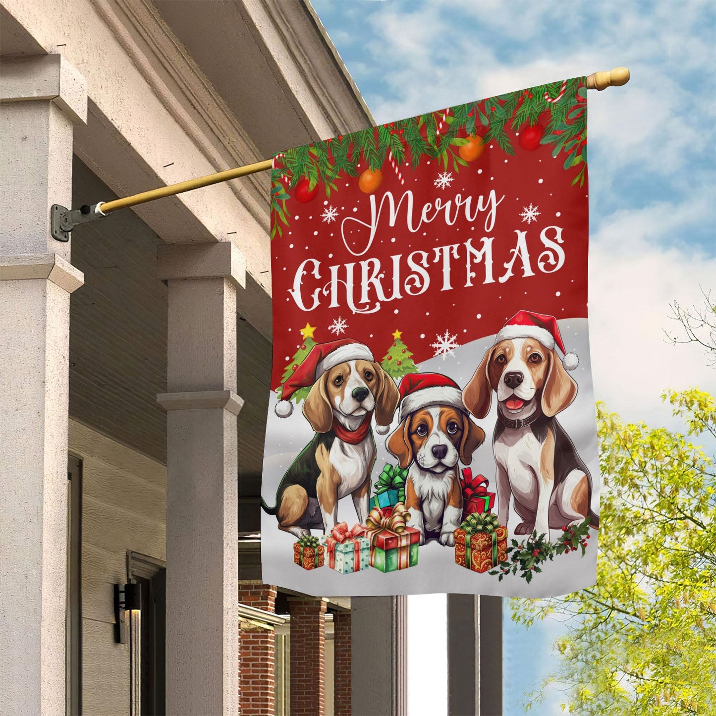 Merry Christmas Beagle Dog Flag, Beagle Xmas Garden Flag & House Flag, Christmas Flag Gift For Dog Lovers