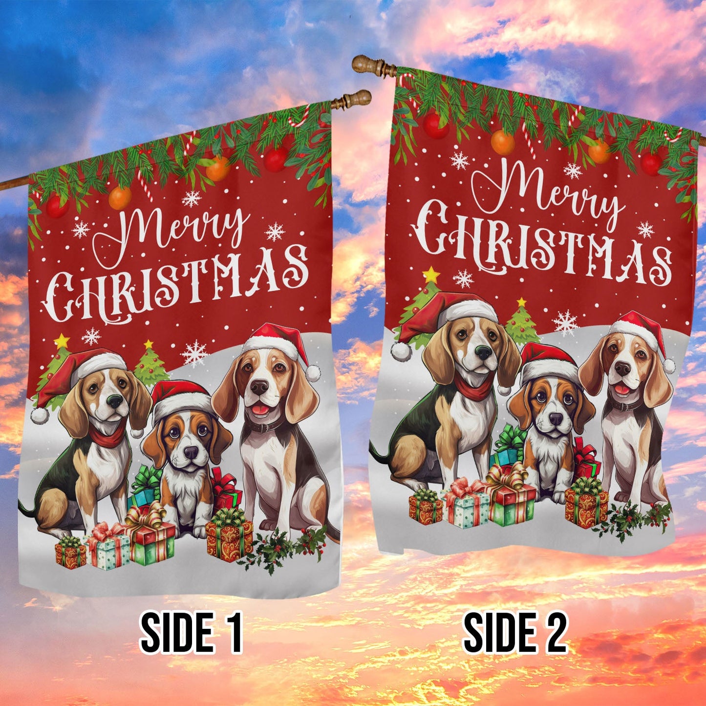 Merry Christmas Beagle Dog Flag, Beagle Xmas Garden Flag & House Flag, Christmas Flag Gift For Dog Lovers