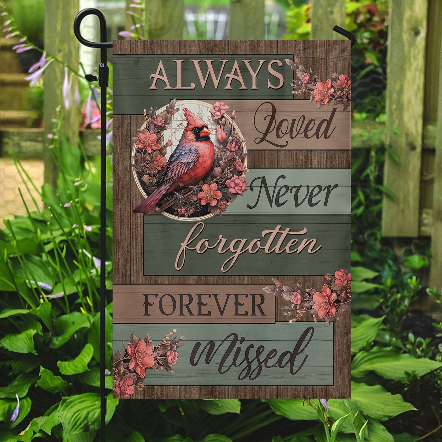Always Loved Forgotten Missed, Cardinal Memorial Garden Flag & House Flag Gift, Loving Memory Outdoor Decoration Gift