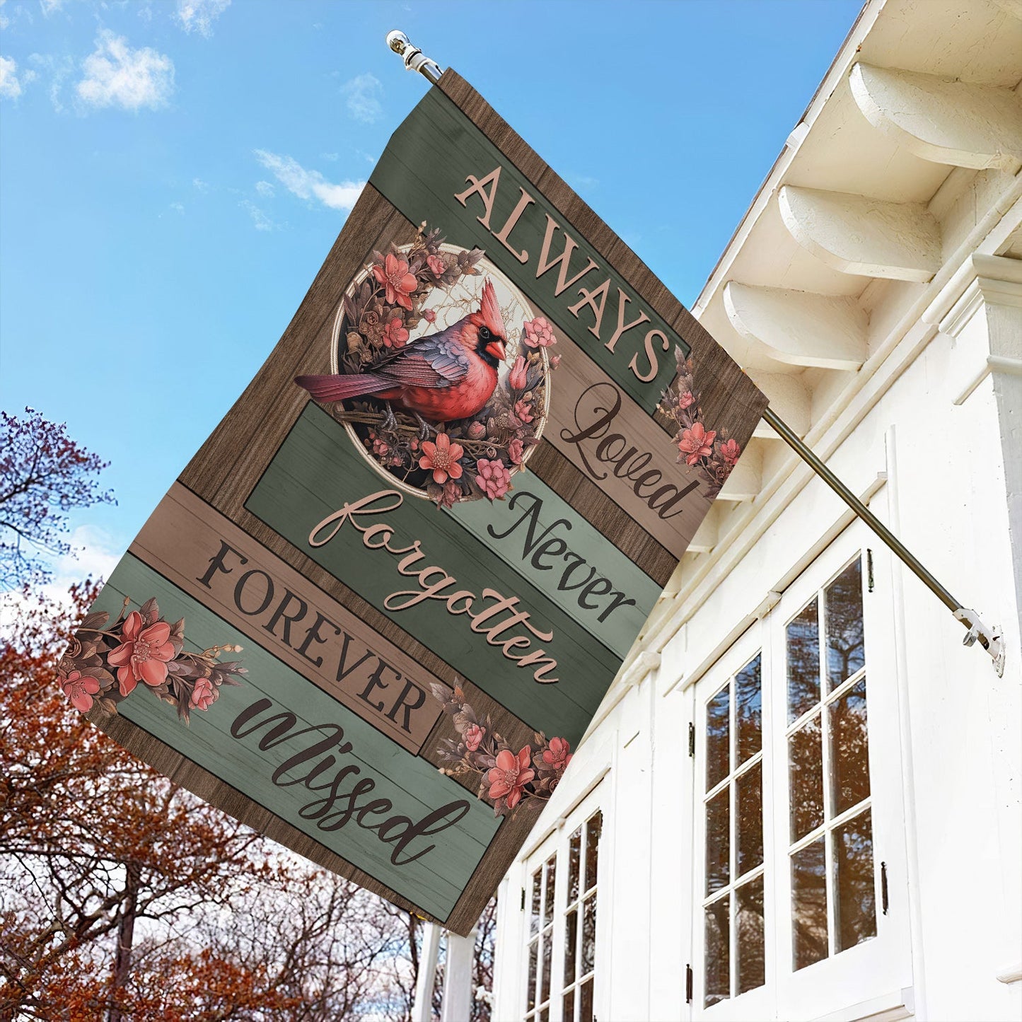 Always Loved Forgotten Missed, Cardinal Memorial Garden Flag & House Flag Gift, Loving Memory Outdoor Decoration Gift