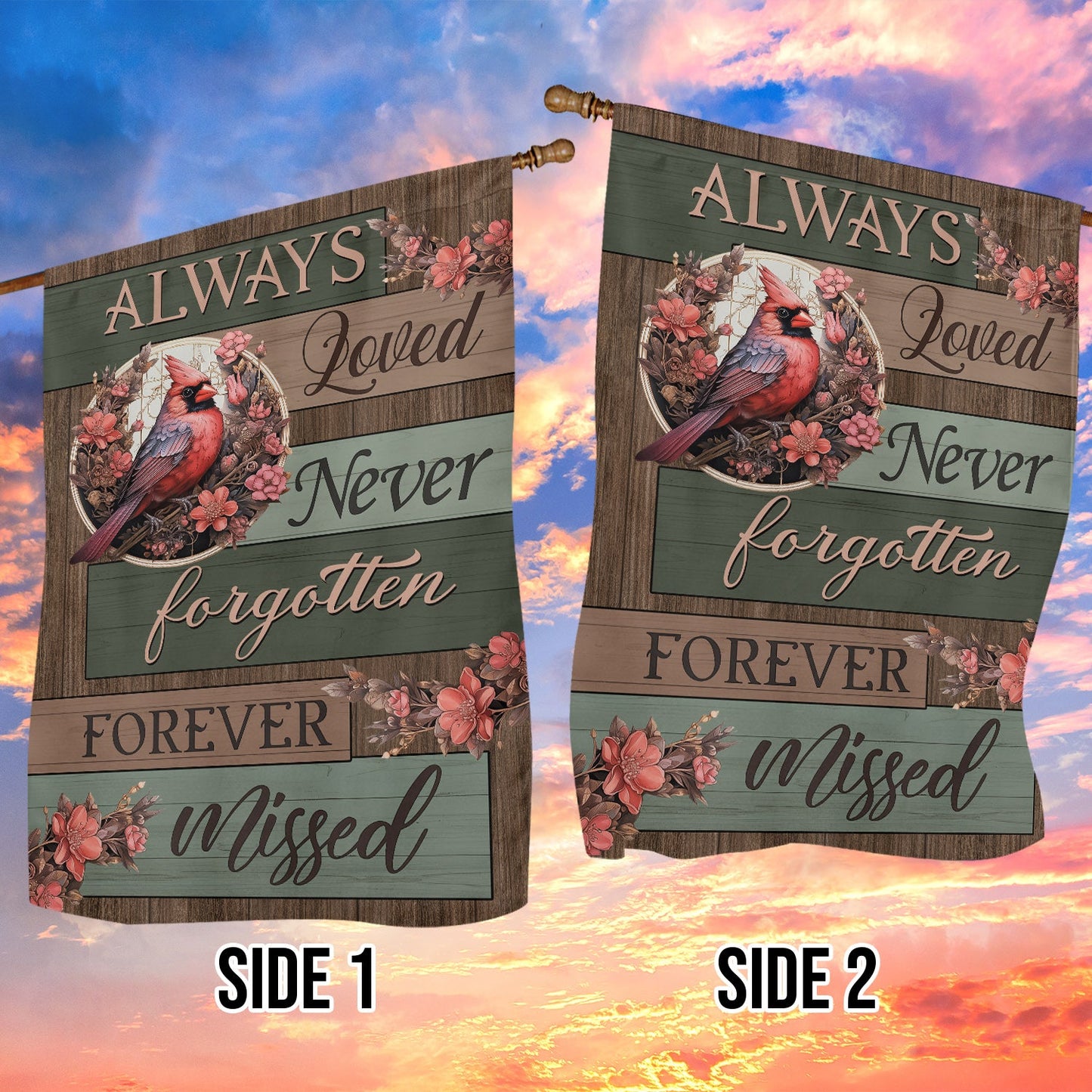 Always Loved Forgotten Missed, Cardinal Memorial Garden Flag & House Flag Gift, Loving Memory Outdoor Decoration Gift