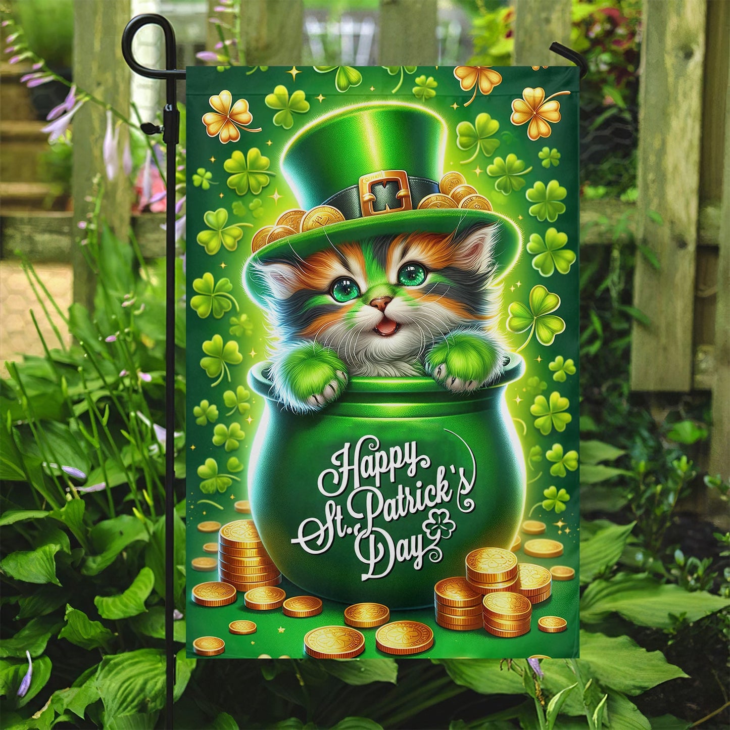 St Patrick's Day Cat Flag, Cat Inside The Money Jar, St Patrick's Day Cat Garden Flag & House Flag Gift, St Patricks Day Irish Outdoor Decoration Gift For Cat Lovers